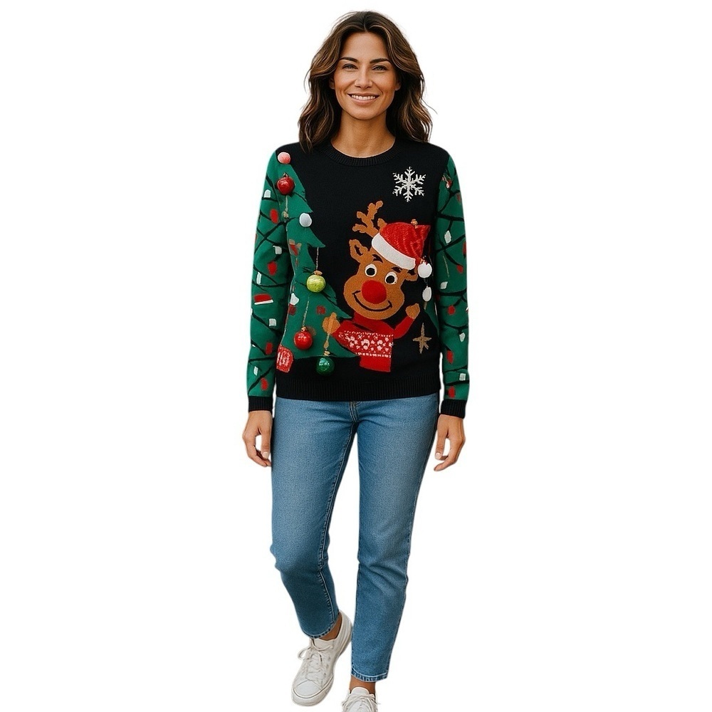 No Boundaries Christmas Rudolph Reindeer Sweater Ball Ornaments Women Sz M